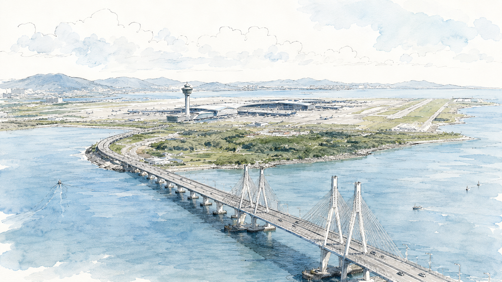 Watercolor illustration of Incheon International Airport and the bridge connecting Korea to the world